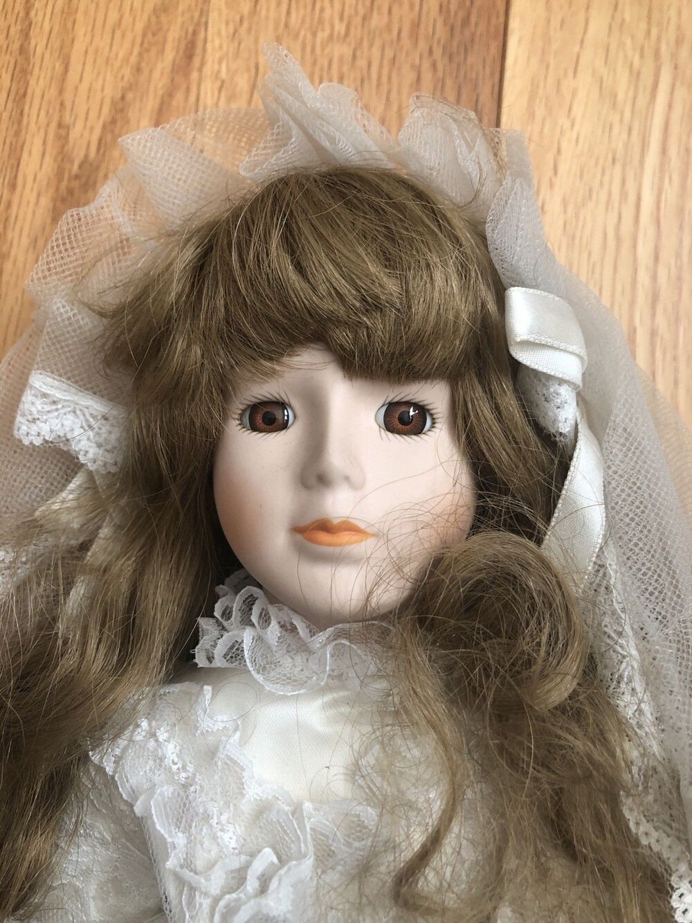Vintage 16 inch ANCO Porcelain Bride Doll in Wedding Dress with Vail & Flowers